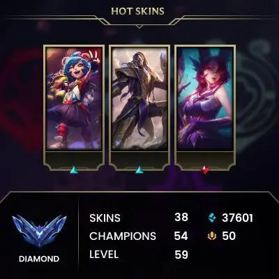 LEAGUE OF LEGENDS | [EUW] Season 15 | Diamond 1(75 LP)(HANDMADE ACC) %60 WR (JG) | 38 Skins | 37.6K BE | Honor 5 | 54 Champs | CHANGEABLE E-MAIL Wins: 48 Losses: 32