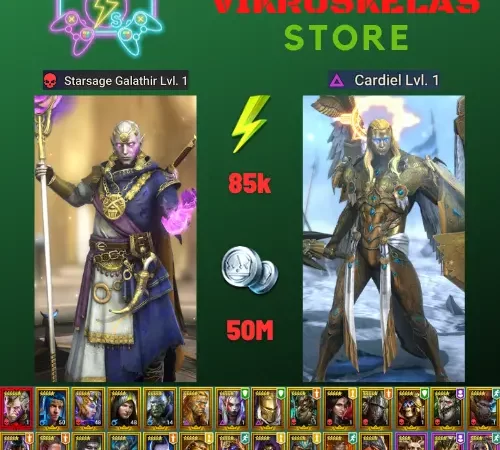 Raid Shadow legends | Starter with Mythical - Galathir : 85k energy / 50 mln coins / Cardiel, Ukko, Raglin, Saito, Arix, Ninja + 18 Login Legendaries / Geomancer